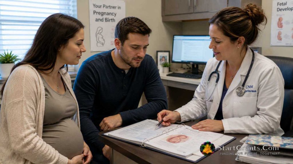 A Certified Nurse-Midwife discussing a birth plan with expecting parents at a clinic.