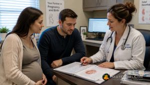 A Certified Nurse-Midwife discussing a birth plan with expecting parents at a clinic.