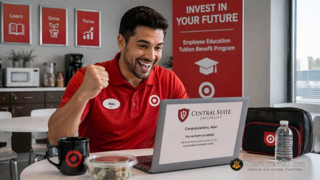 A retail employee reviewing college enrollment information on a laptop during a break