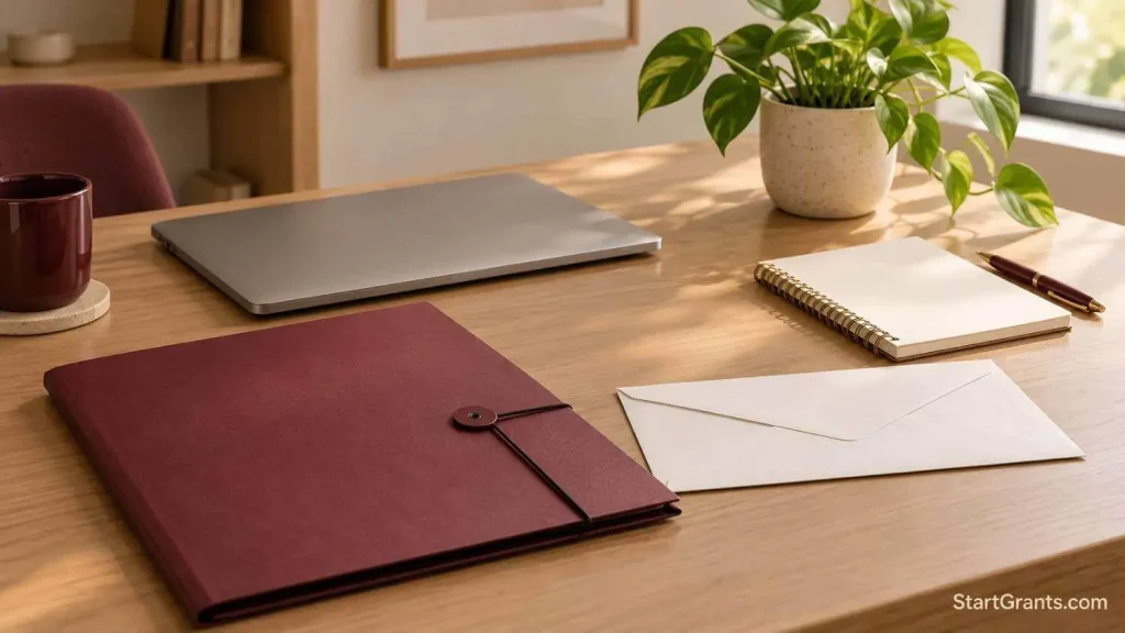 Closed laptop beside an opaque document folder, sealed envelope, notebook, and pen.