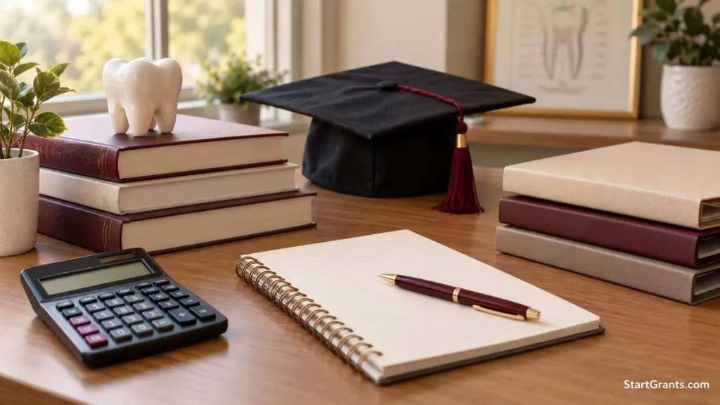 Calculator and document folders beside textbooks and a graduation cap on a desk.
