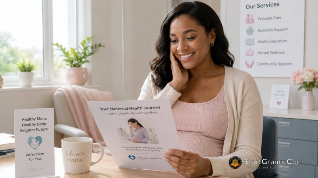 An expectant mother reviewing pregnancy dental grant and Medicaid paperwork.