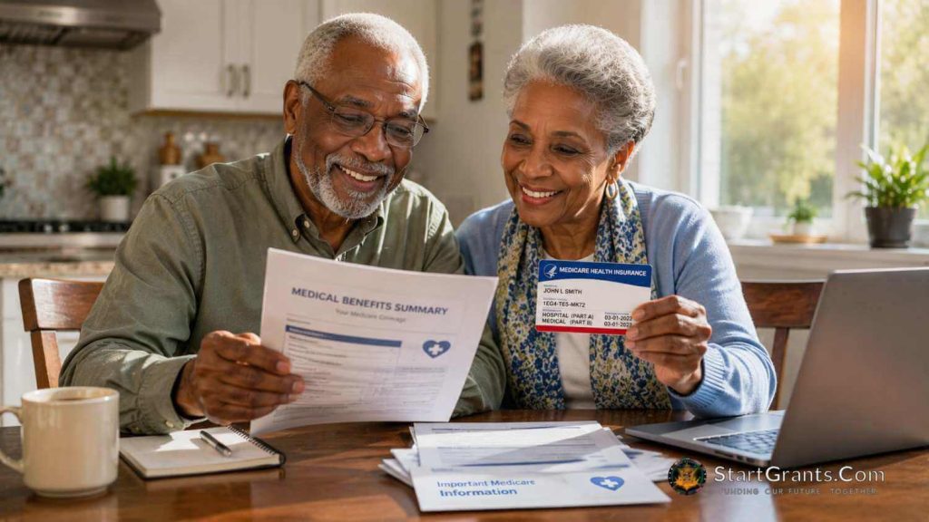 An elderly couple smiling while reviewing their Medicare and dental grant paperwork.