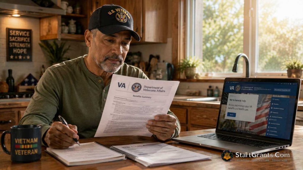 A military veteran reviewing VA dental eligibility documents on a laptop.