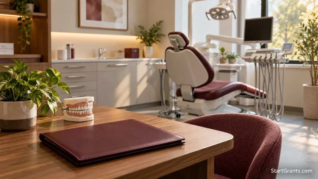 Empty dental consultation room with a dental chair, treatment-plan folder, and dental model.
