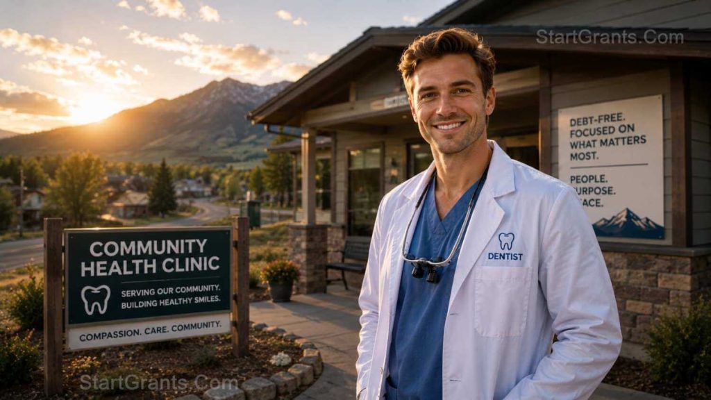 A young dentist standing outside a rural community health clinic in the mountains.