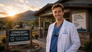A young dentist standing outside a rural community health clinic in the mountains.