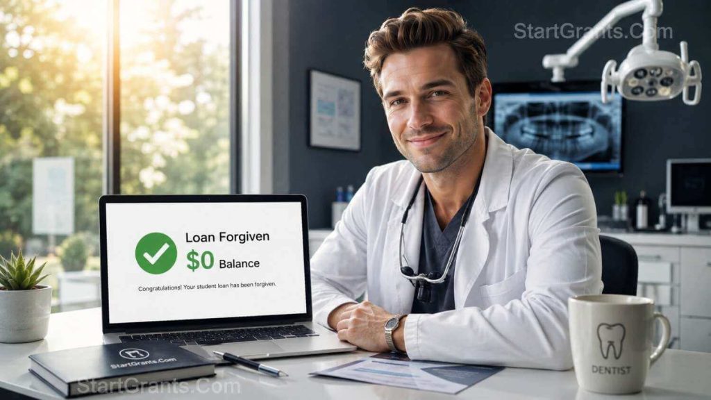 A relieved dentist looking at a zero balance on their student loan account after receiving federal forgiveness.