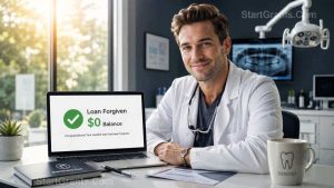 A relieved dentist looking at a zero balance on their student loan account after receiving federal forgiveness.