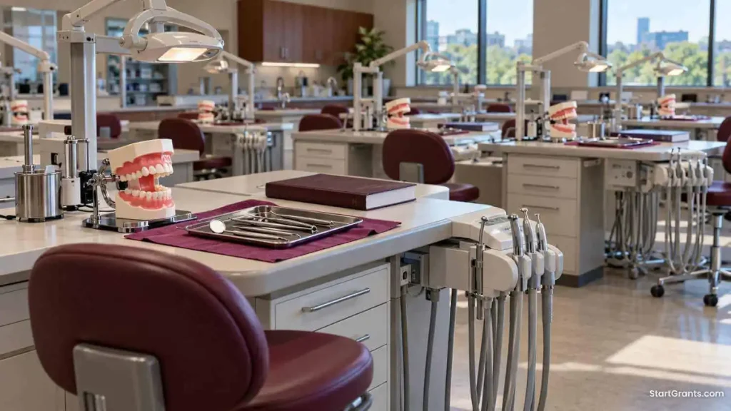 Empty dental simulation laboratory with practice models, instrument trays, and task lights.