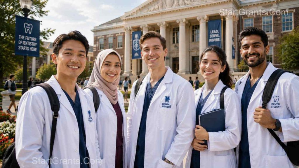 A diverse group of international dental students standing in front of an American university campus.
