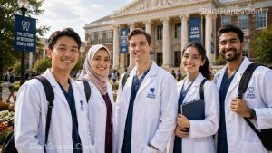 A diverse group of international dental students standing in front of an American university campus.
