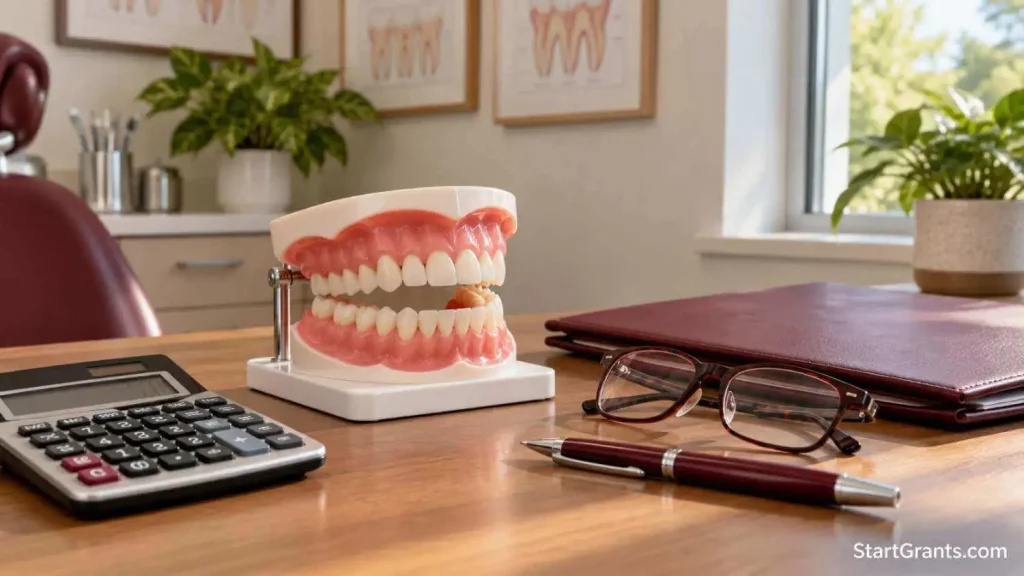 Denture demonstration model beside a calculator, reading glasses, and treatment-plan folder.