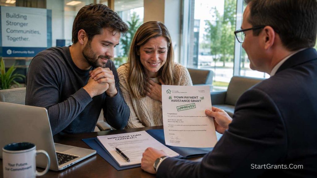 A young couple reviewing how a government grant affects their mortgage approval with a loan officer.