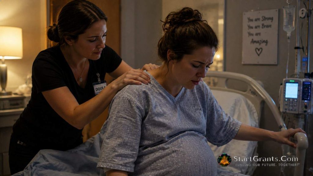 A professional doula providing physical and emotional labor support to a pregnant mother.