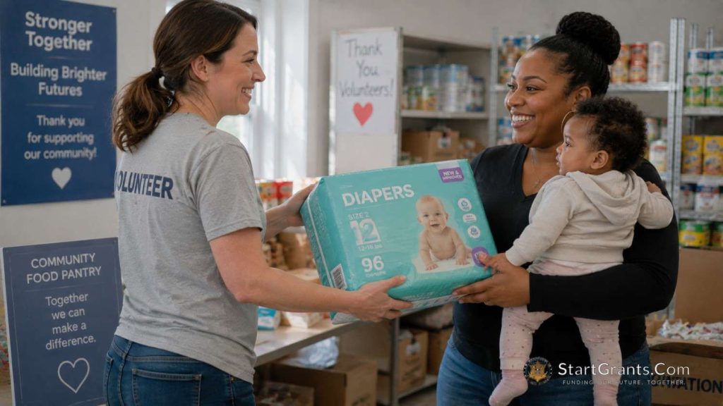 A volunteer handing a large pack of free diapers to a mother at a local community diaper bank.