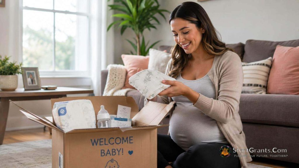 An expecting mother opening a baby welcome box containing newborn supplies at home.