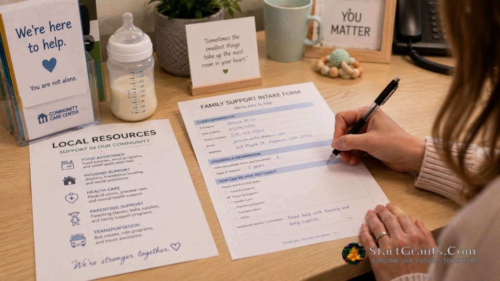 Parent completing an intake form at a local charity office