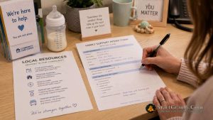 A person filling out an intake form to receive emergency baby supplies at a charity office.