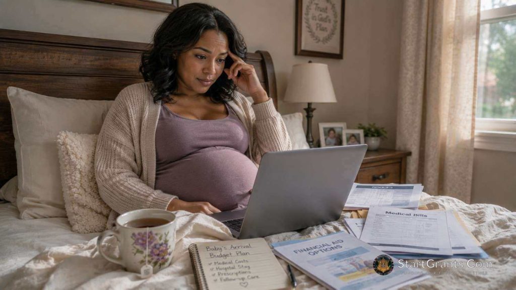 A pregnant mother on bed rest using her laptop to research financial assistance programs.