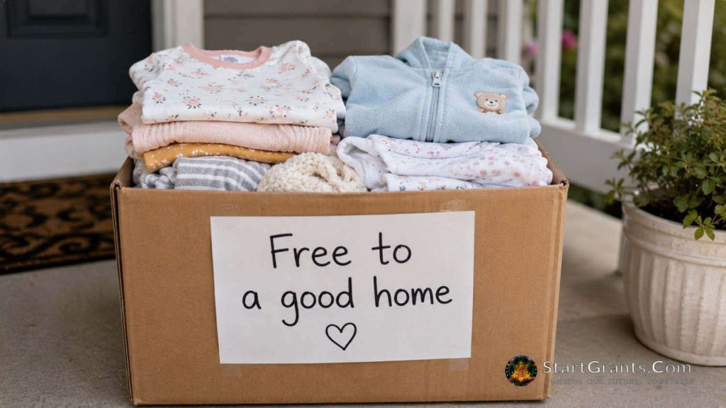A box of folded second-hand baby clothes prepared for a neighborhood pickup.