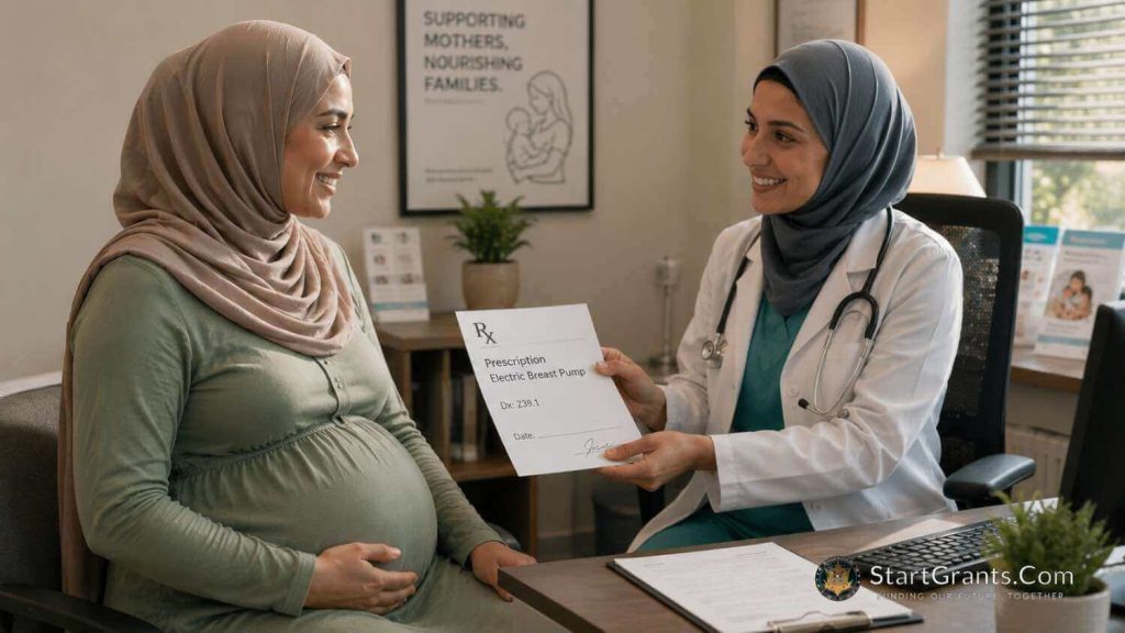 A pregnant mother receiving a prescription for a free breast pump through Medicaid from her doctor.