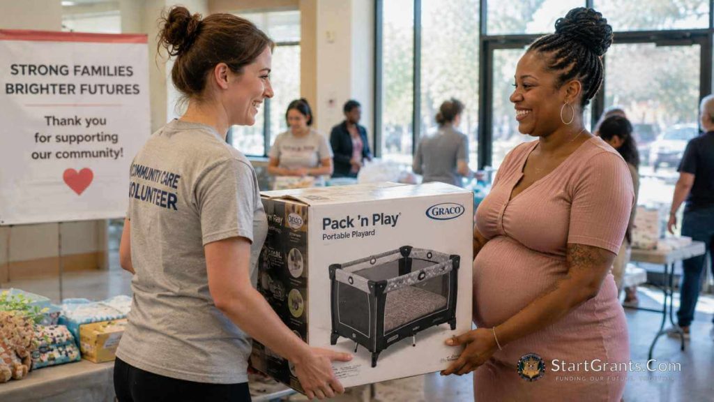 A volunteer handing a free boxed crib to a pregnant mother through a community assistance program.