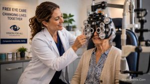 An optometrist providing a free eye exam to a patient through a non-profit foundation grant.