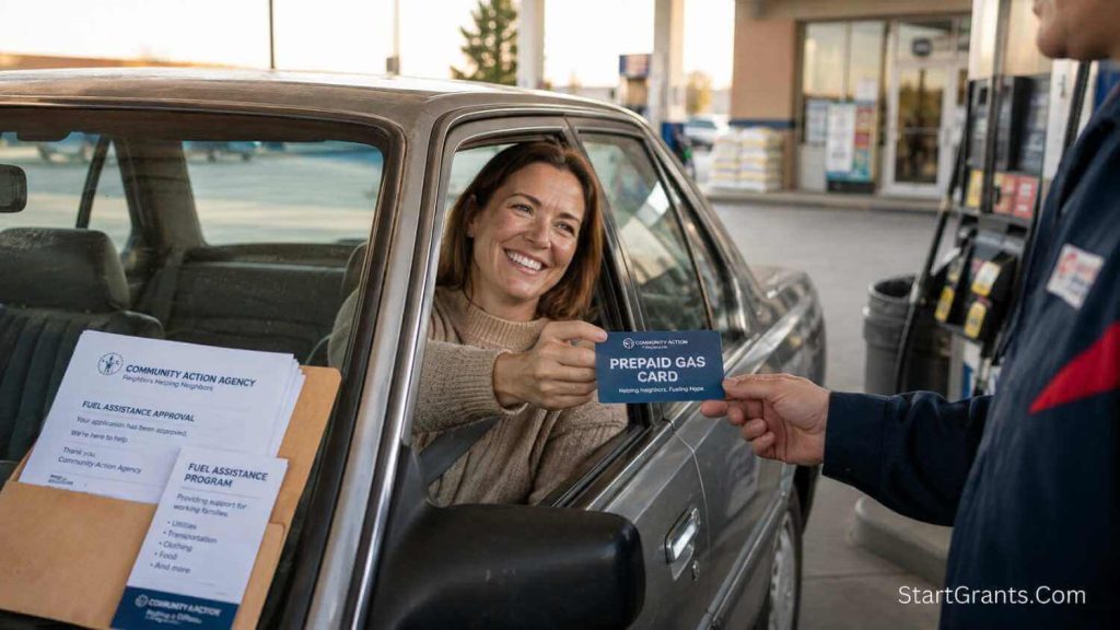 A low-income mother using a free prepaid gas card from a community charity at a gas station.