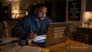 An adult learner studying for their GED online late at night on a laptop.