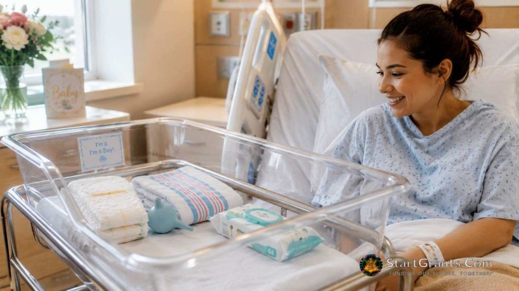 Newborn diapers, wipes, and a bulb syringe arranged in a hospital bassinet.