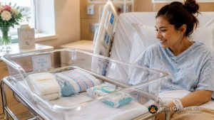 A hospital bassinet filled with free newborn supplies like diapers, wipes, and a bulb syringe.