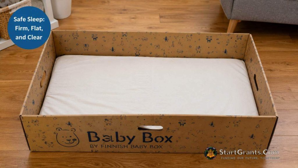 A Finnish-style cardboard baby box set up safely on the floor with a firm mattress pad and no loose bedding.