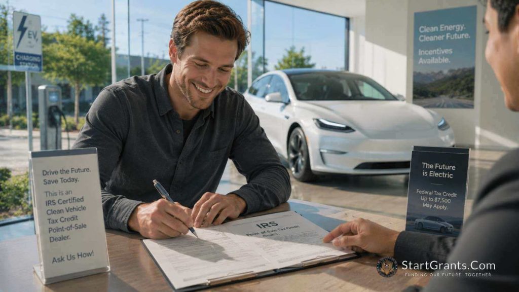 A buyer signing government grant and point-of-sale tax credit forms for a new electric car at a dealership.