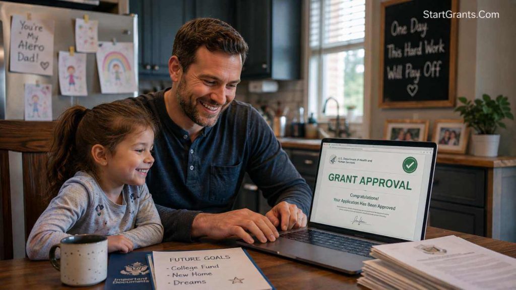 A single father reviewing government grant and financial assistance documents on a laptop with his daughter.
