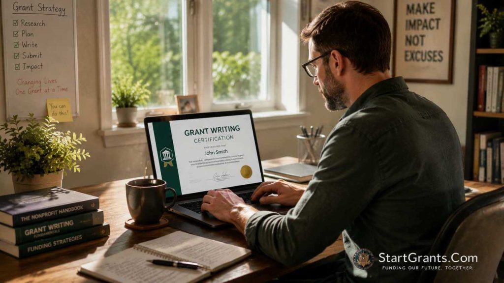 A freelance professional earning their grant writing certification online to start a remote career.