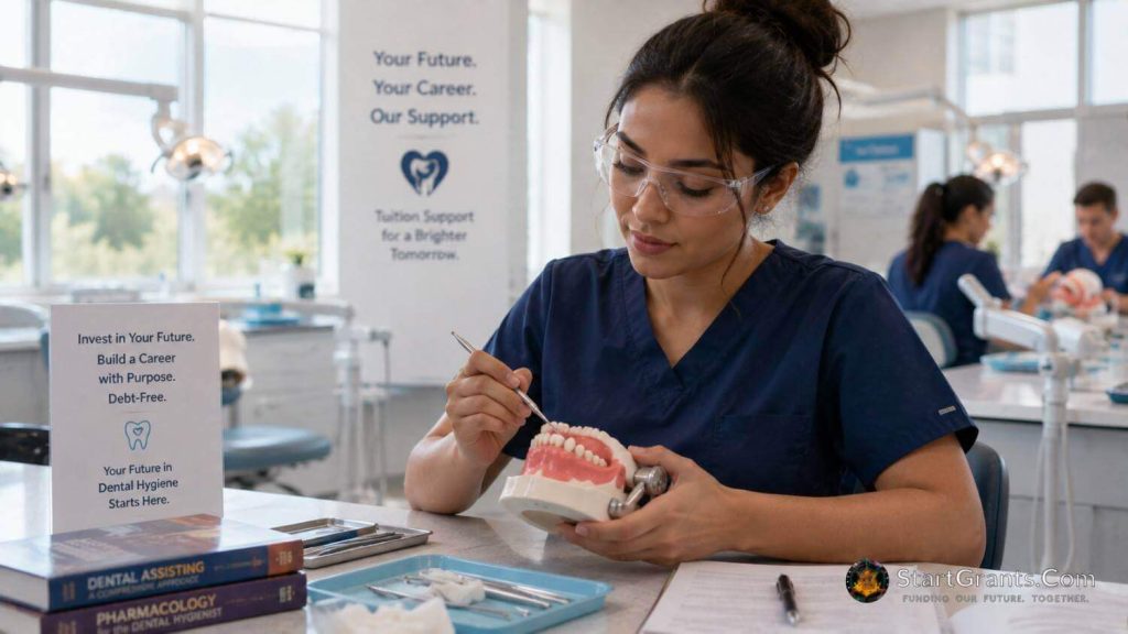 A dental assistant student in medical scrubs practicing on a dental model in a classroom.