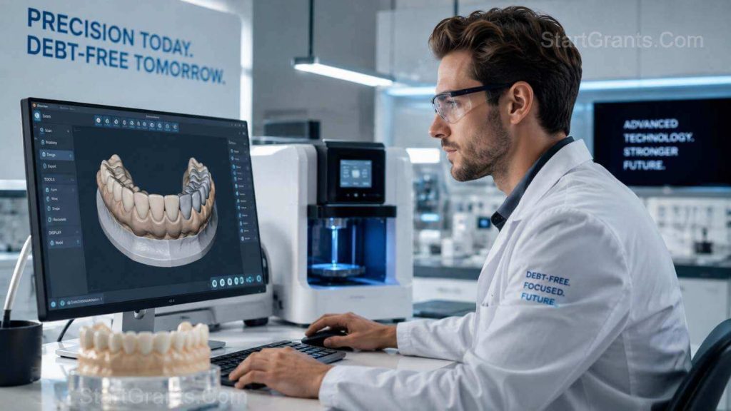 A dental laboratory technician student working with 3D CAD/CAM software to design dental implants.