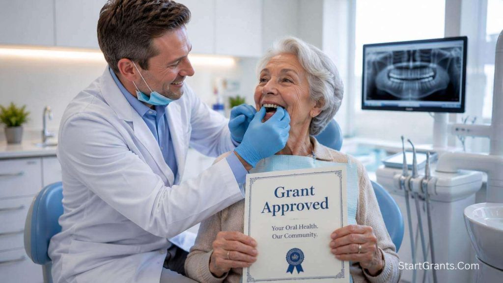 An elderly patient receiving a new set of dentures funded by a government dental grant.