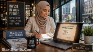 An aspiring real estate agent studying course materials funded by government grants.