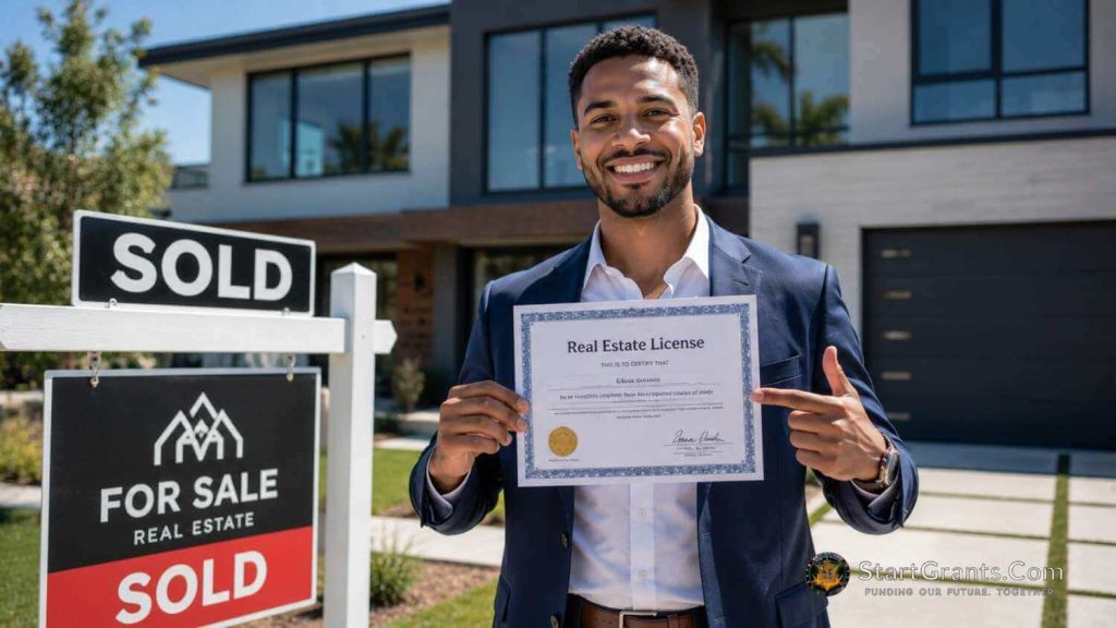 An aspiring real estate agent holding a license certificate outside a sold home