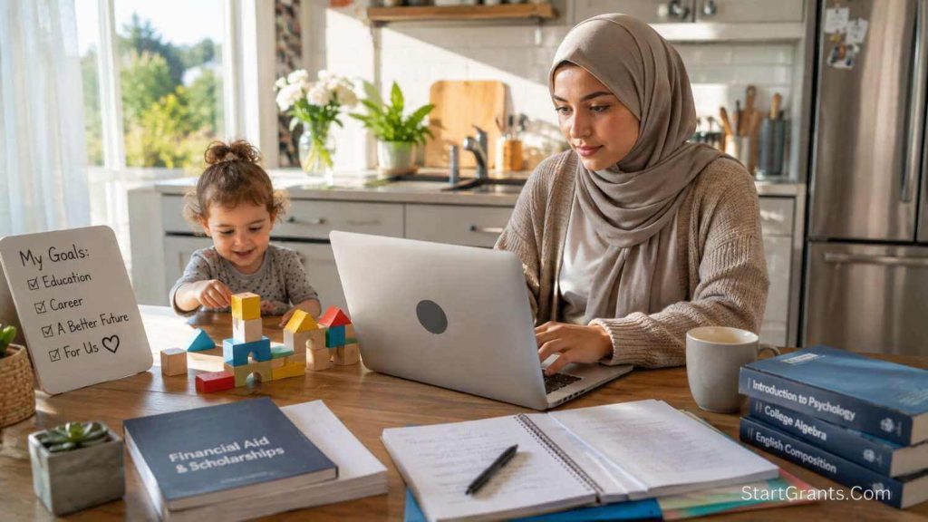 A determined single mother studying on her laptop at home while her toddler plays nearby.
