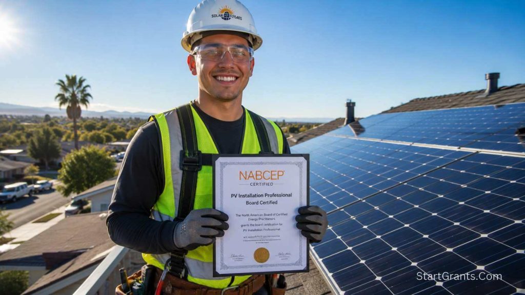 A successful solar panel technician holding a NABCEP certification on a roof with solar panels.
