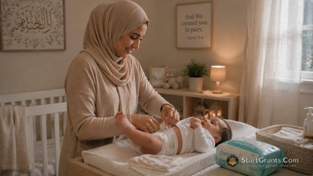 A Muslim mother in a hijab changing her baby's diaper in a clean, brightly lit nursery.