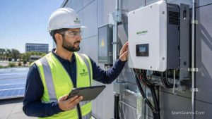 A Muslim engineer in safety gear inspecting a solar panel inverter system.