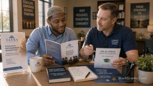 A Muslim ex-offender securing Halal college grants and reviewing Islamic reentry educational materials.