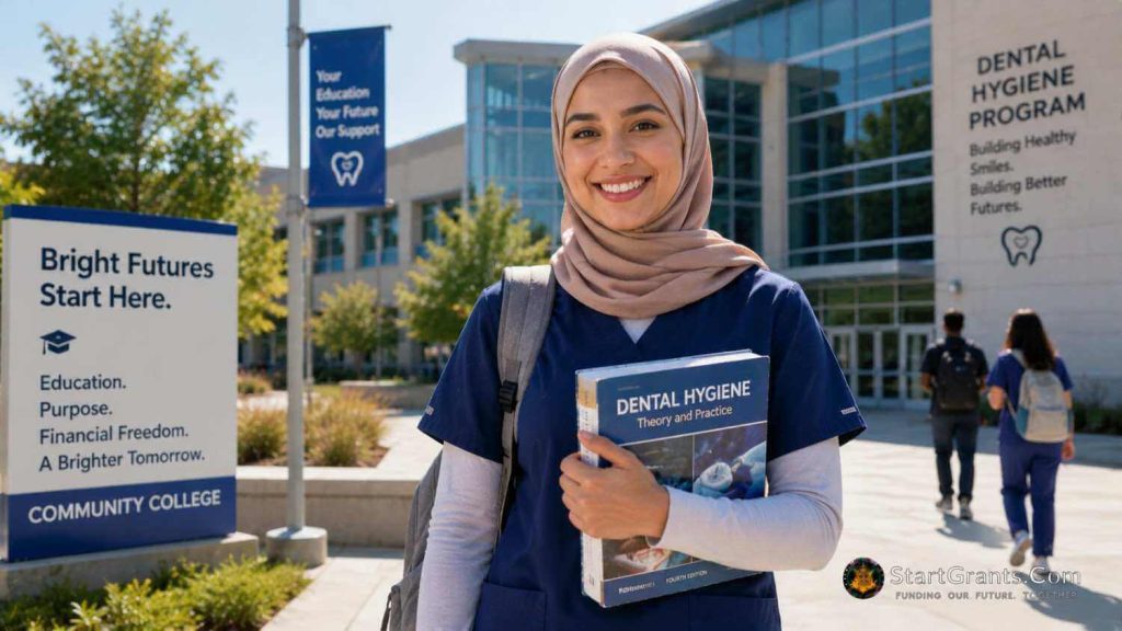 A Muslim dental assistant student holding textbooks on a college campus.