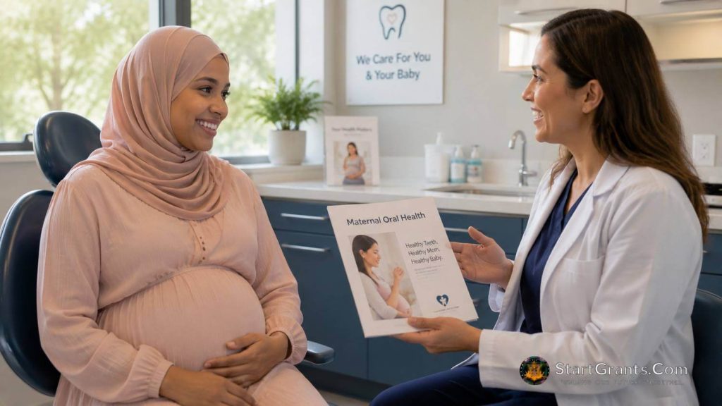 A Muslim expectant mother consulting with a female dental professional about debt-free oral care.