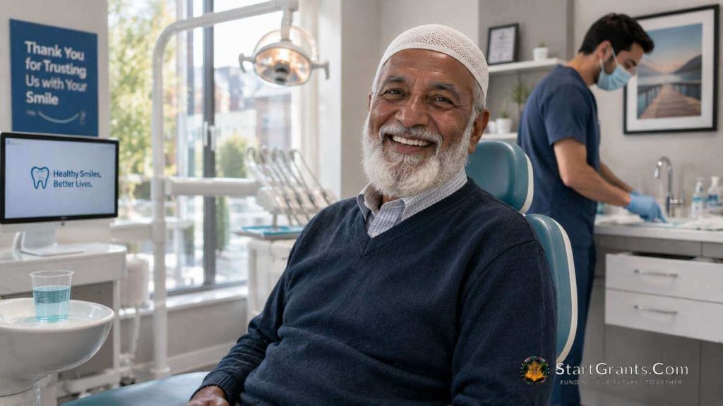 A grateful elderly Muslim man smiling after receiving dental treatment at a clinic.