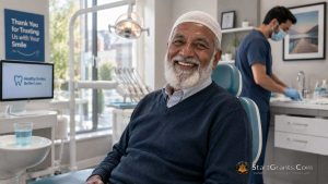 A grateful elderly Muslim man smiling after receiving dental treatment at a clinic.